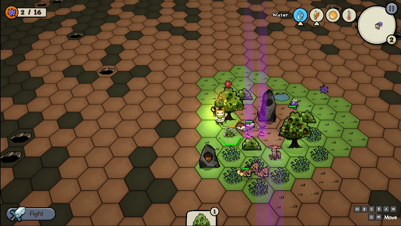 Druid's Haven mid-run: green land spreading outward from the starting stone as plants take hold