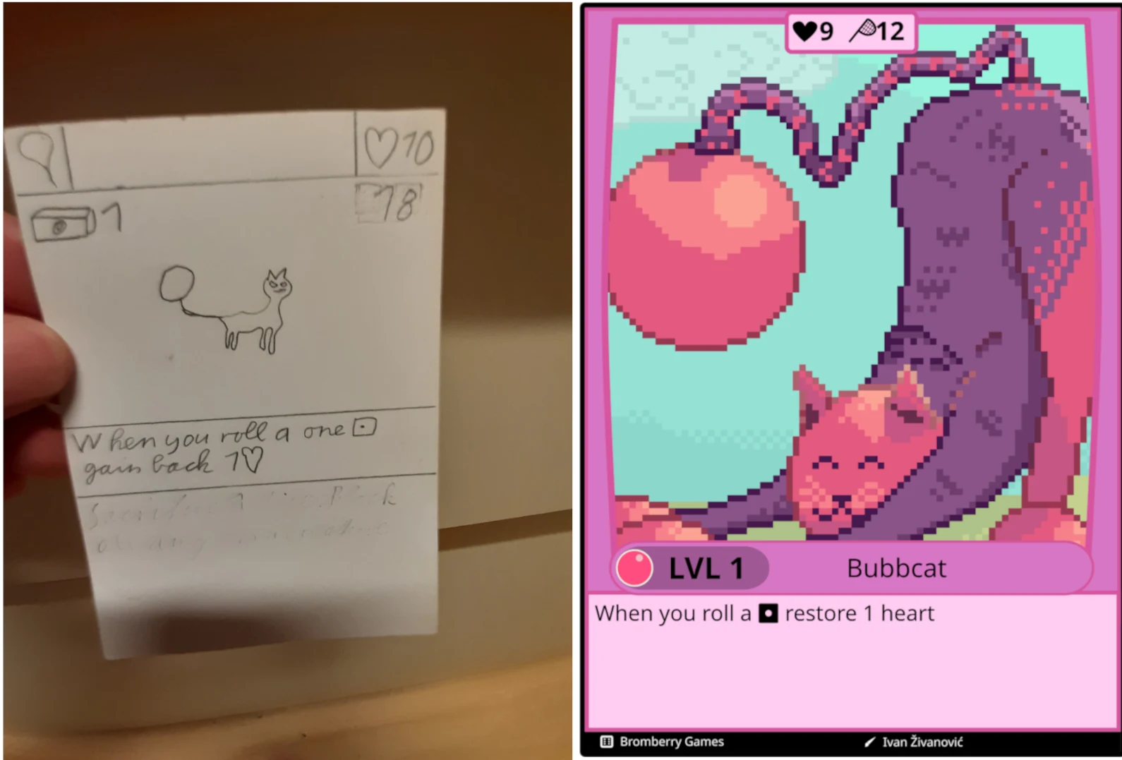 Bubbcat as a paper prototype, next to the finished card