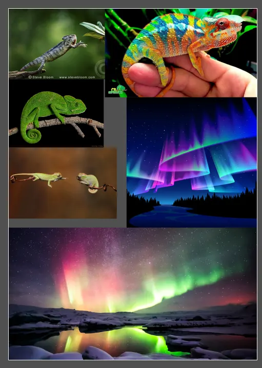Reference board for Ionora: chameleons and auroras