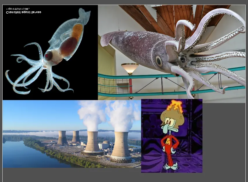 Reference board for Nukeraken: squid and a nuclear power plant