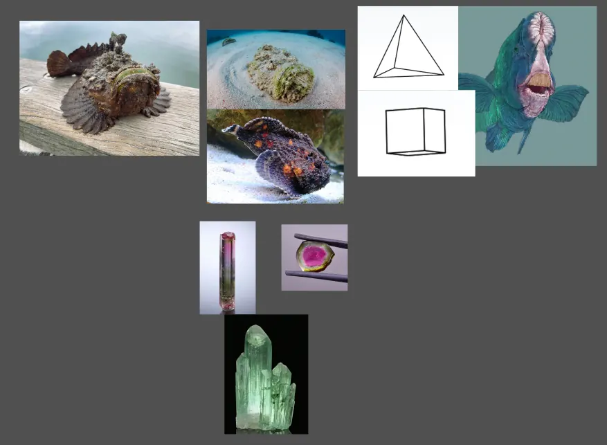 Reference board for Shardoon: stonefish and crystals