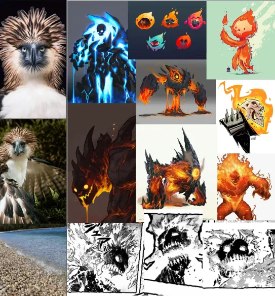 Reference board for Thabum: Philippine eagle and fire creatures